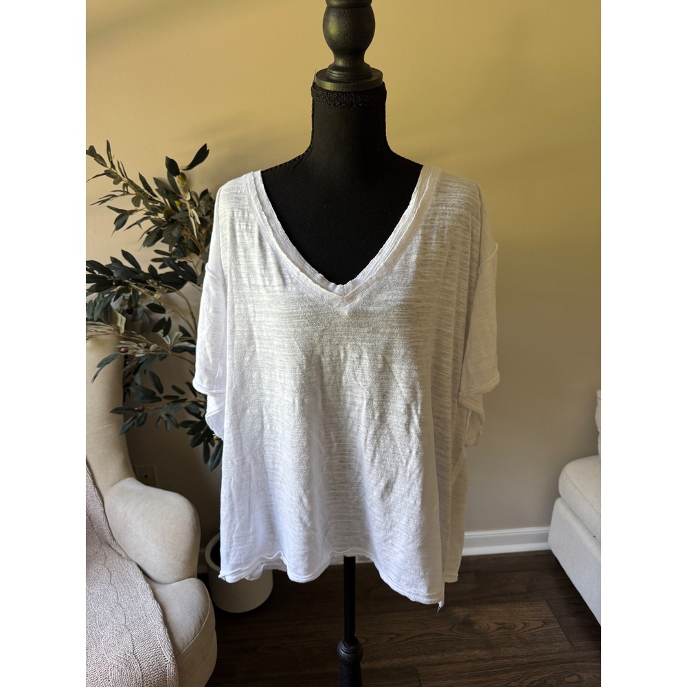 We The Free Free People White Slub Knit Oversized V-Neck Tee M